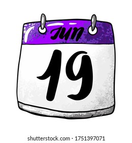 Calendario con la fecha del 19 de junio en un fondo blanco. Día Internacional de la Marcha, Día Internacional contra la Violencia Sexual en el Conflicto, Día de la Emancipación en Estados Unidos. Ilustración del vector