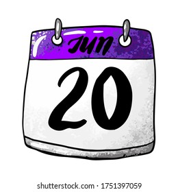 Calendar with the date of June 20 on a white background. Holiday World Day for the Protection of Elephants in Zoos, World Refugee Day, World Juggling Day. Vector illustration