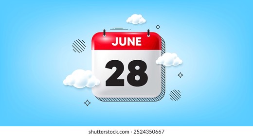 Fecha del calendario del icono de junio 3d. Icono del día 28 del mes. Fecha de programación de eventos. Hora de cita. 28 de junio. Anuncio de fecha del mes natural. Página Día o Mensual. Vector