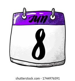 Calendar with the date of June 8 on a white background. Holiday World Oceans Day, Republic Day of Karelia, International Day of Housewife and Housekeeper. Vector illustration