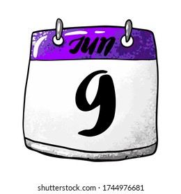 Calendar with the date of June 9 on a white background. Holiday International Friends Day, International Archives Day, International Accreditation Day International Friends Day. Vector illustration