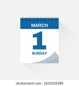 Calendar with date March 1, day calendar icon. Business meeting schedule date sign, event calendar reminder, page calendar, agenda planner, appointment date, deadline template, vector illustration.