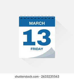 Calendar with date March 13, day calendar icon. Business meeting schedule date sign, event calendar reminder, page calendar, agenda planner, appointment date, deadline template, vector illustration.