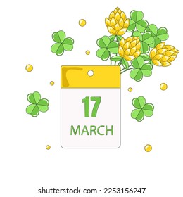 Calendar with Date March 17 Reminder of St Patricks Day Bouquet of Flowers and Clover Leaves