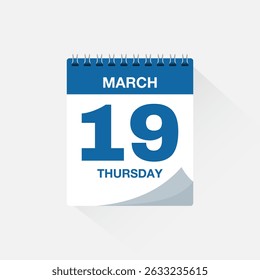 Calendar with date March 19, day calendar icon. Business meeting schedule date sign, event calendar reminder, page calendar, agenda planner, appointment date, deadline template, vector illustration.