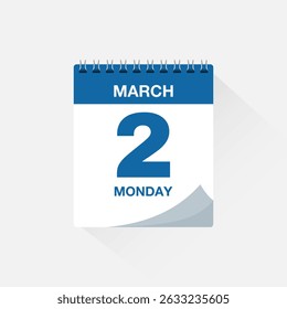 Calendar with date March 2, day calendar icon. Business meeting schedule date sign, event calendar reminder, page calendar, agenda planner, appointment date, deadline template, vector illustration.
