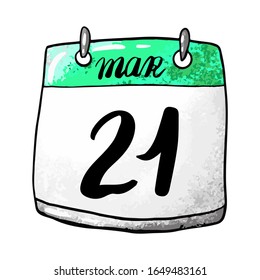 Calendar with the date March 21 on a white background. Holiday International Day for the Elimination of Racial Discrimination, Navruz, World Poetry Day,International Puppeteer Day. Vector illustration