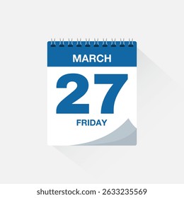 Calendar with date March 27, day calendar icon. Business meeting schedule date sign, event calendar reminder, page calendar, agenda planner, appointment date, deadline template, vector illustration.