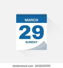 Calendar with date March 29, day calendar icon. Business meeting schedule date sign, event calendar reminder, page calendar, agenda planner, appointment date, deadline template, vector illustration.