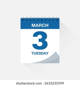 Calendar with date March 3, day calendar icon. Business meeting schedule date sign, event calendar reminder, page calendar, agenda planner, appointment date, deadline template, vector illustration.