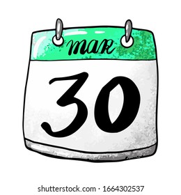 Calendar with the date March 30 on a white background. Rama Navami festival, doctor's day in the usa. Vector stock illustration.