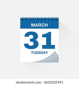 Calendar with date March 31, day calendar icon. Business meeting schedule date sign, event calendar reminder, page calendar, agenda planner, appointment date, deadline template, vector illustration.