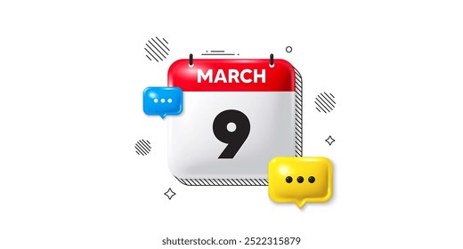 Calendar date of March 3d icon. 9th day of the month icon. Event schedule date. Meeting appointment time. 9th day of March. Calendar month date banner. Day or Monthly page. Vector