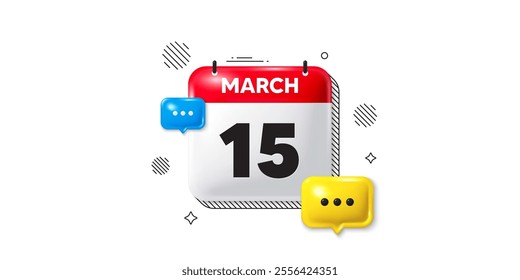 Calendar date of March 3d icon. 15th day of the month icon. Event schedule date. Meeting appointment time. 15th day of March. Calendar month date banner. Day or Monthly page. Vector