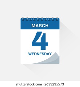 Calendar with date March 4, day calendar icon. Business meeting schedule date sign, event calendar reminder, page calendar, agenda planner, appointment date, deadline template, vector illustration.