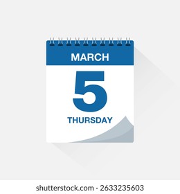 Calendar with date March 5, day calendar icon. Business meeting schedule date sign, event calendar reminder, page calendar, agenda planner, appointment date, deadline template, vector illustration.