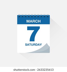 Calendar with date March 7, day calendar icon. Business meeting schedule date sign, event calendar reminder, page calendar, agenda planner, appointment date, deadline template, vector illustration.