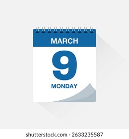 Calendar with date March 9, day calendar icon. Business meeting schedule date sign, event calendar reminder, page calendar, agenda planner, appointment date, deadline template, vector illustration.