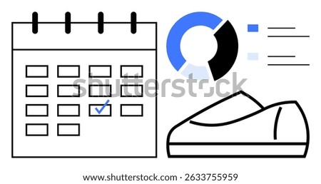 Calendar with date marked, sneaker icon for exercise, pie chart with progress. Ideal for fitness goals, health tracking, workout schedules, time management, personal planning, sports events