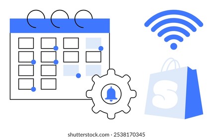 Calendar with date markers, settings gear with notification bell, wireless symbol, and shopping bag with a capital letter S. Ideal for productivity, scheduling, technology, shopping, and reminders