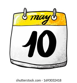Calendario con fecha del 10 de mayo en un fondo blanco. Día de la Madre Feriada. Ilustración del vector