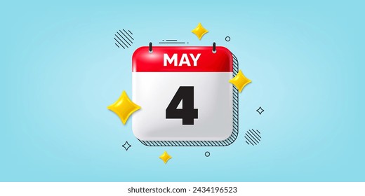 Icono de la fecha del calendario del 3 de mayo. Icono del 4º día del mes. Fecha de programación del evento. Hora de cita de reunión. 4 de mayo. Banner de fecha de mes del calendario. Página Día o Mensual. Vector