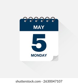 Calendar with date May 5, day calendar icon vector illustration. Event calendar reminder, business meeting schedule, appointment date symbol, page calendar agenda planner sign, deadline template.