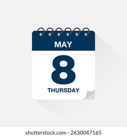 Calendar with date May 8, day calendar icon vector illustration. Event calendar reminder, business meeting schedule, appointment date symbol, page calendar agenda planner sign, deadline template.