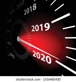 Calendar date of the New Year 2020 on the speedometer. Abstract vector illustration.