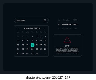 Kit de elementos de interfaz de usuario del selector de fecha de calendario. Componentes vectoriales aislados. Menús planos de navegación y plantilla de botones de interfaz. Colección de widgets de diseño web para aplicaciones móviles con tema oscuro