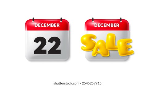 Calendar date sale 3d icon. 22th day of the month icon. Event schedule date. Meeting appointment time. 22th day calendar message. Save the date 3d banner. Day or Month of sales. Vector