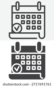 Calendario fecha programar diferente estilo icono conjunto. Línea, contorno y símbolo de Vector sólido con trazo editable. Icono de calendario para planificación de entrevistas e icono de eventos.