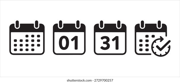 Calendar date and schedule icon set including reminder and check symbols. Perfect for planning apps, websites, UI, productivity and business design.