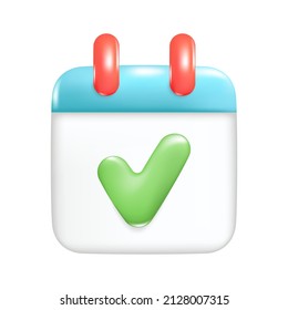 Calendario con un sello de fecha en forma de marca de verificación en el estilo 3d de dibujos animados para el diseño UX de la interfaz de usuario, ilustración vectorial calendario volumétrico plástico.