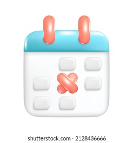 Calendario con un sello de fecha en forma de cruz en el estilo 3d de dibujos animados para el diseño UX de la interfaz de usuario, ilustración vectorial calendario volumétrico plástico. 