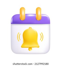 A calendar with a date stamp in the form of a ringing bell as a reminder of an upcoming event. Vector illustration plastic volumetric calendar in cartoon 3d style for UI UX Design.