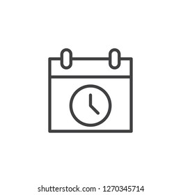 Calendar Date Time outline icon. linear style sign for mobile concept and web design. Calendar with clock simple line vector icon. Symbol, logo illustration. Pixel perfect vector graphics