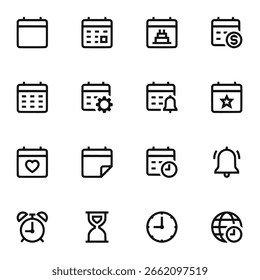 Calendar Date and Time Outline Icon Set Minimalist Schedule and Reminder Symbols
