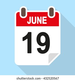 Calendar date vector icon, flat style with shadow, June 19th
