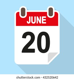 Calendar Date Vector Icon, Flat Style With Shadow, June 20th