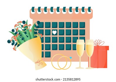 Calendar with the date of the wedding ceremony. Vector simple cute illustration. Festive wedding set glasses with a bottle of champagne, rings, a bouquet of flowers, a gift box.