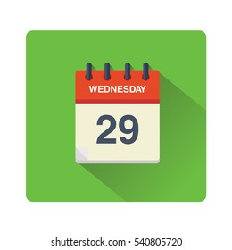 Calendar date Wednesday 29th.
Modern vector calendar icon with long shadow.
Flat design element for infographic.