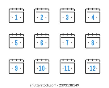 Calendar dates from 1 to 12 vector line icons. Calendar, Schedule and Timetable outline icon set.