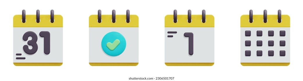 Calendar And Dates 3d vector icon set. 31th day of the month, follow up, new year, yellow calendar. Isolated on white background. 3d icon vector render illustration.