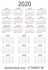 Calendar dates by month from 2020 through to 2029 for use as design elements, vector illustration