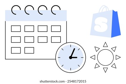 Calendario con fechas, un reloj, una bolsa de compras y un sol. Ideal para temas de gestión del tiempo, programación, productividad, recordatorios y planificación diaria. Estilo de Vector simple con tonos pastel suaves