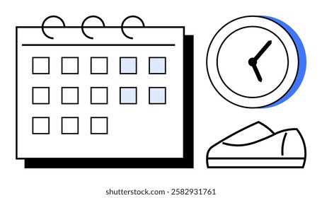 Calendar with dates, clock showing time, and running shoes representing planning, punctuality, and physical activity. Ideal for scheduling, time management, fitness, productivity, routine, deadlines