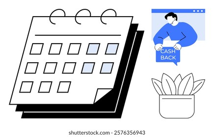 Calendar with dates highlighted, person holding cash back card in browser window, and potted plant in simple design. Ideal for financial planning, special offers, rewards programs, time management