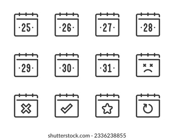 Iconos de línea vectorial de fechas de calendario. Conjunto de iconos Calendario, Programación y Esquema temporal.