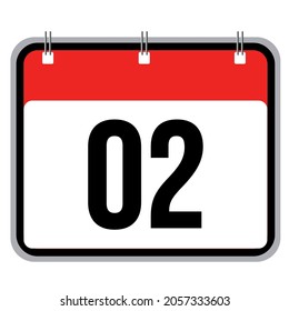 Calendar, day 02, number two, realistic vector icon with red border on a white background. 